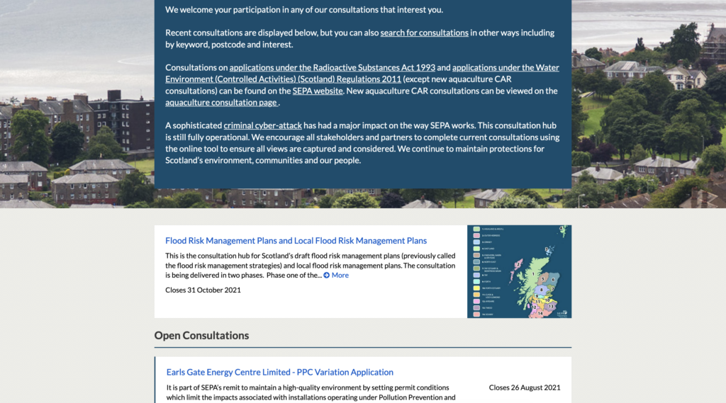 Link to Flood Risk Management Plans anchor page as seen from SEPA's Citizen Space hub