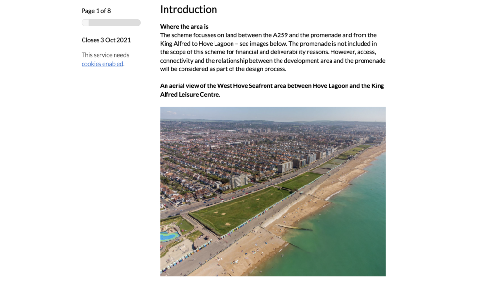 Brighton & Hove Councils 'Kingsway to the Sea public realm improvement' consultation on Citizen Space. Page shown is the introduction page which displays an image showing the area in question.