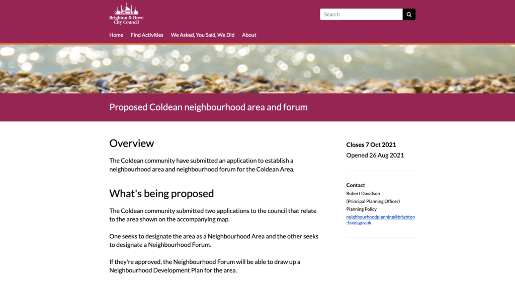 Brighton & Hove Council's 'Coldean neighbourhood forum' consultation overview page on Citizen Space
