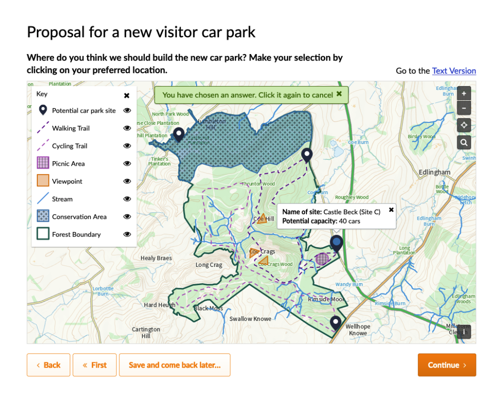 Geo Select example asking respondents to select where they think a new visitor car park in a national park. Example uses data from the Forestry Commission licensed under the Open Government License v3.0.