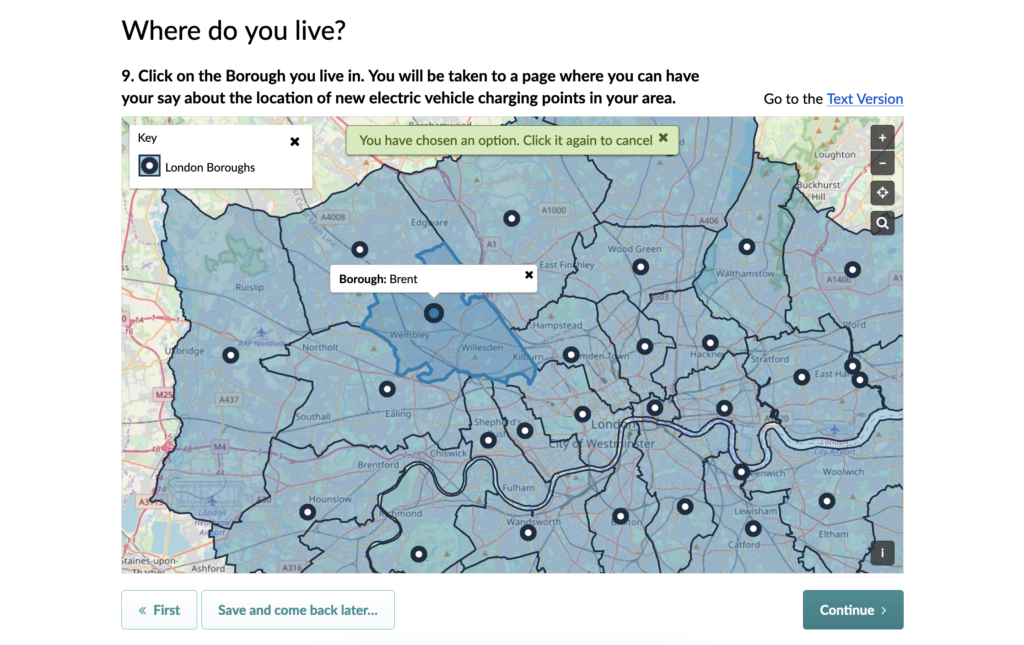 Activity using Geo Select to ask residents to select which London borough they live in. They will then be routed to a page where they can have their say on Electric Vehicle charging point locations in their borough.