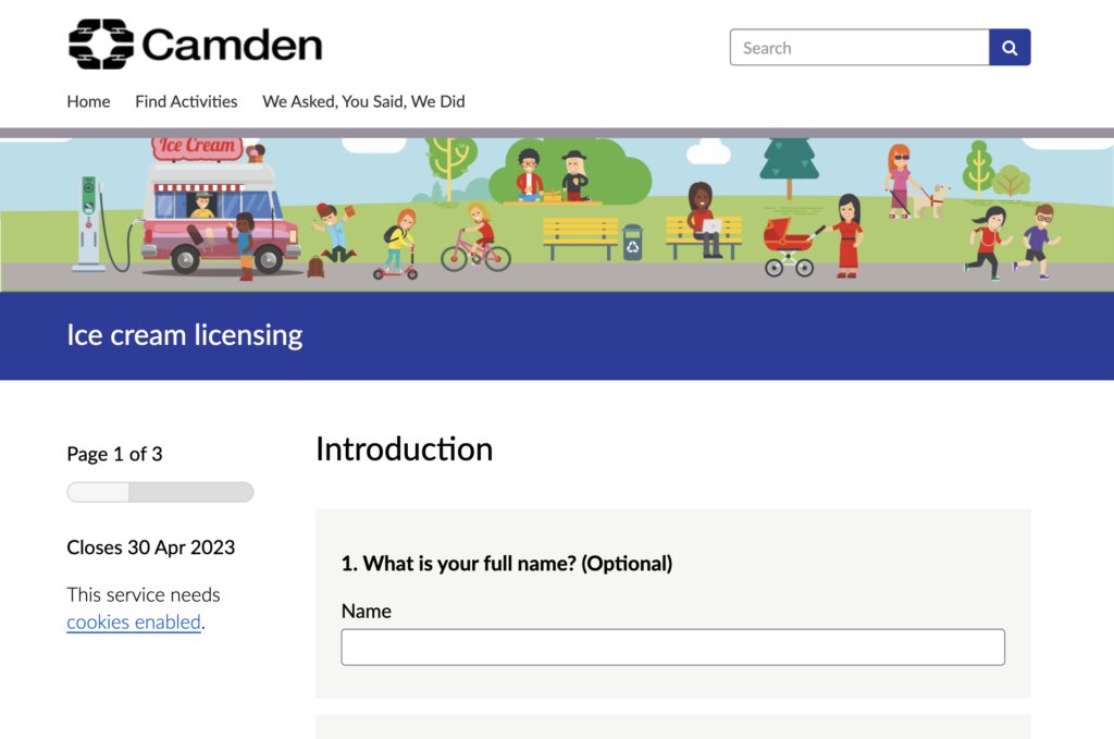 A screenshot of Camden's consultation on ice cream licensing