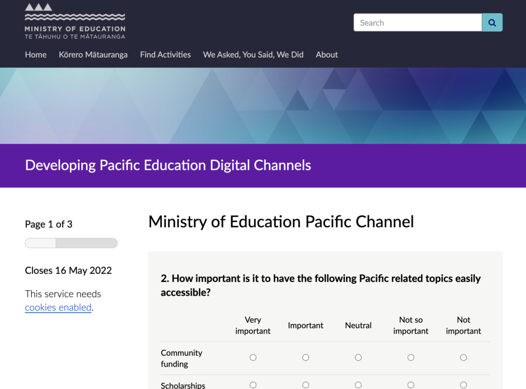 A screenshot of Te Tāhuhu o te Mātauranga | Ministry of Education's survey on a dedicated Pacific digital channel