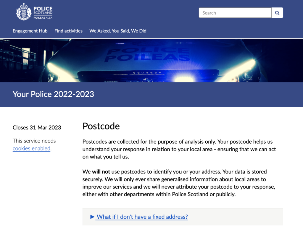 A screenshot of Police Scotland's 'Your Police 2022-23' survey