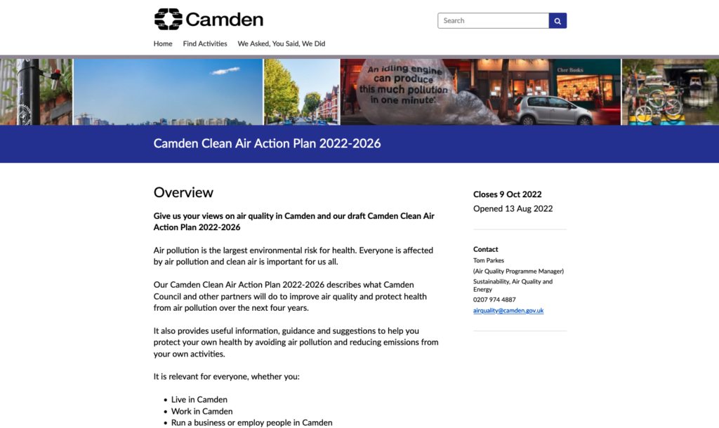 London Borough of Camden's Clean Air Action Plan 2022-2026 consultation